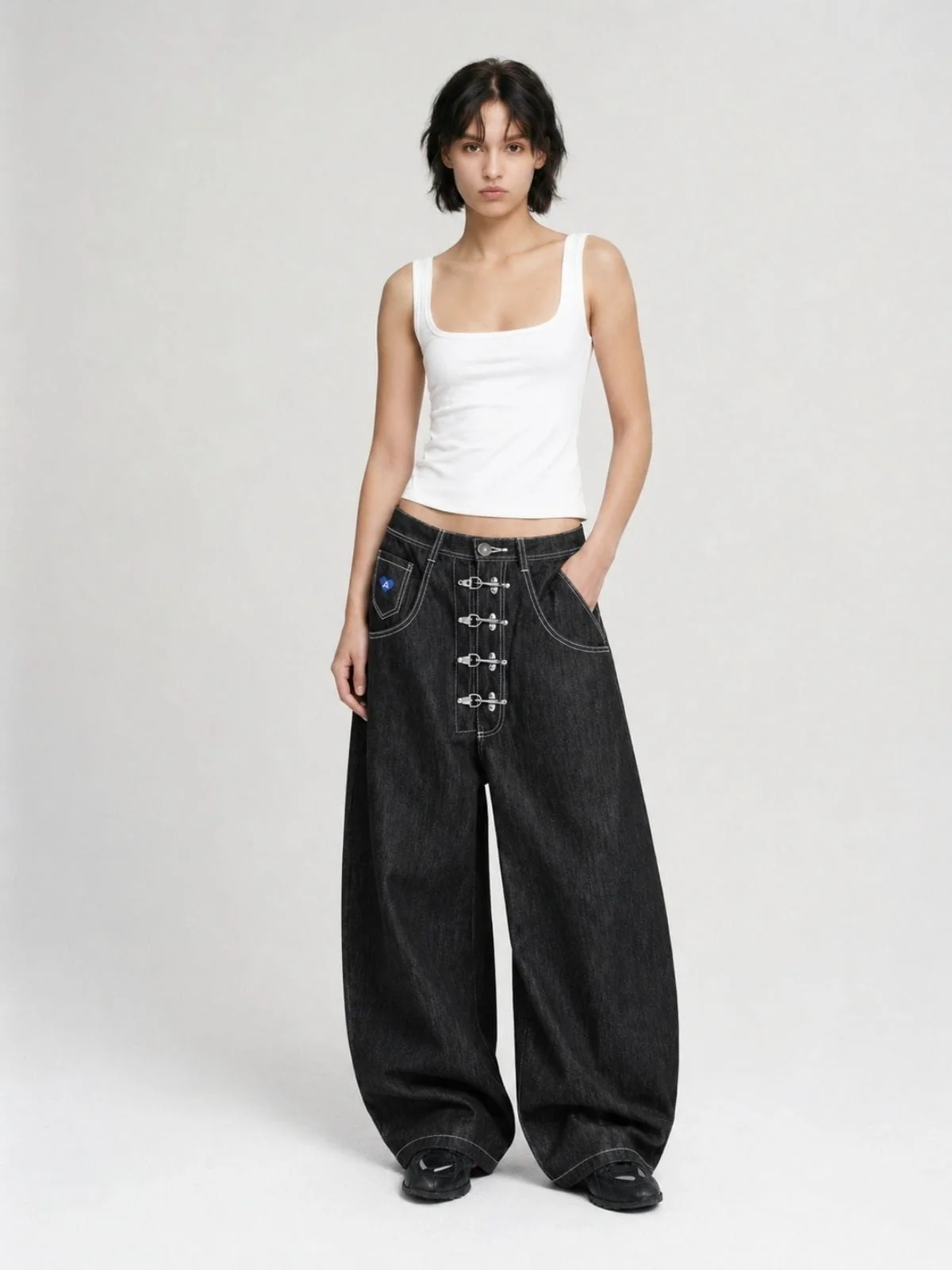 Aelfric Eden Metal Button Raw Baggy Barrel Jeans - Image 4